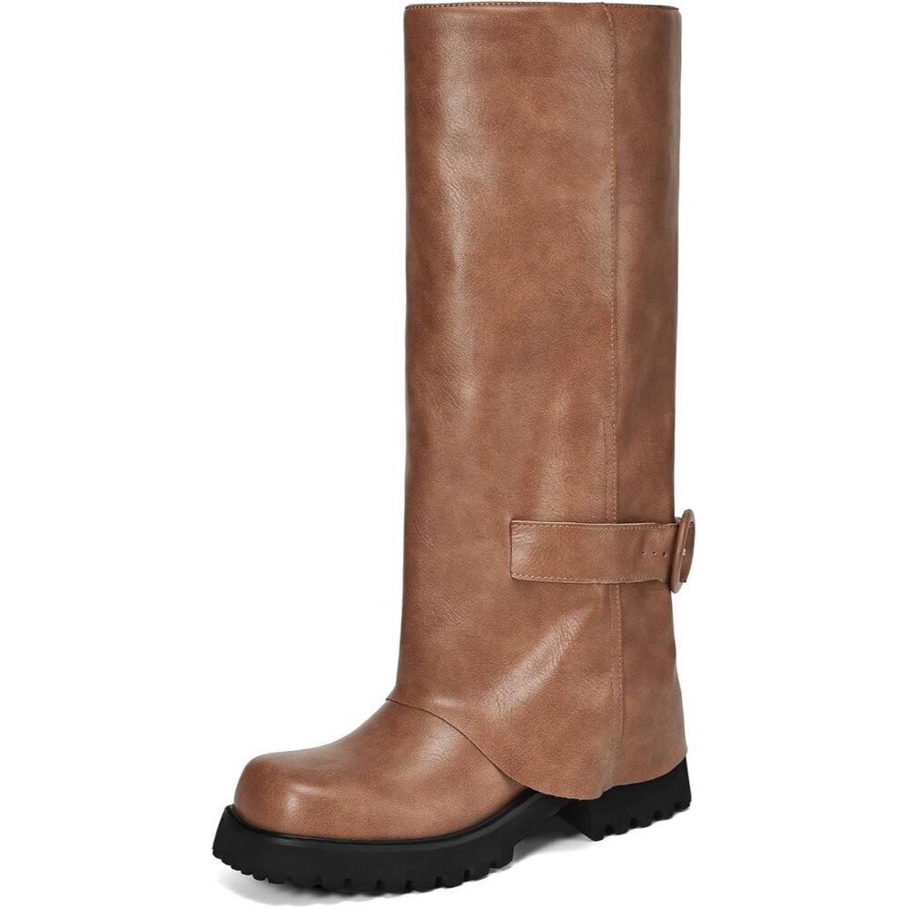 Women's Brown Knee High Riding Boots Square Toe Chunky Low Heel Motorcycle Boots
